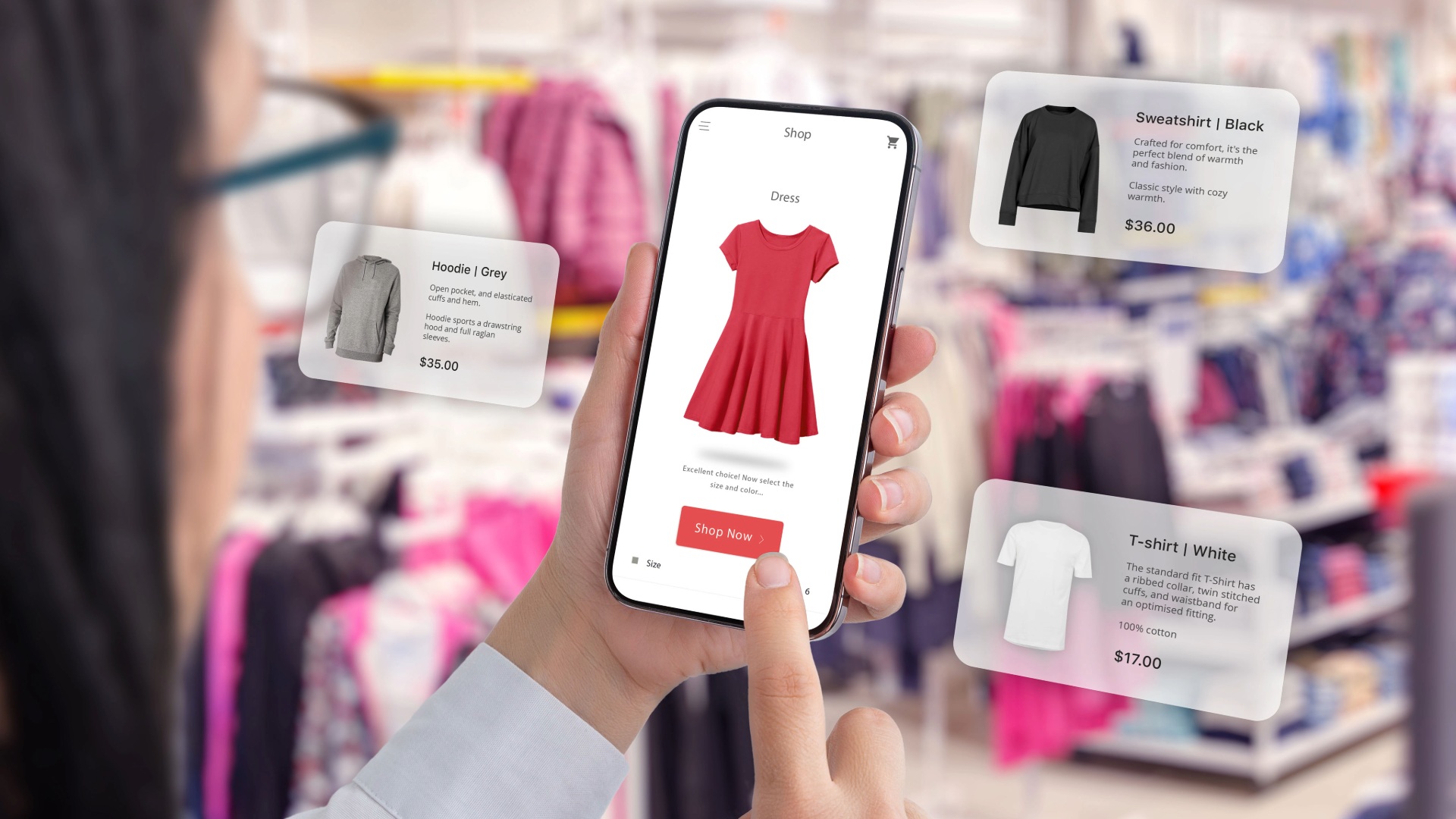 A woman buys clothes using a smartphone app, which displays additional color suggestions for her