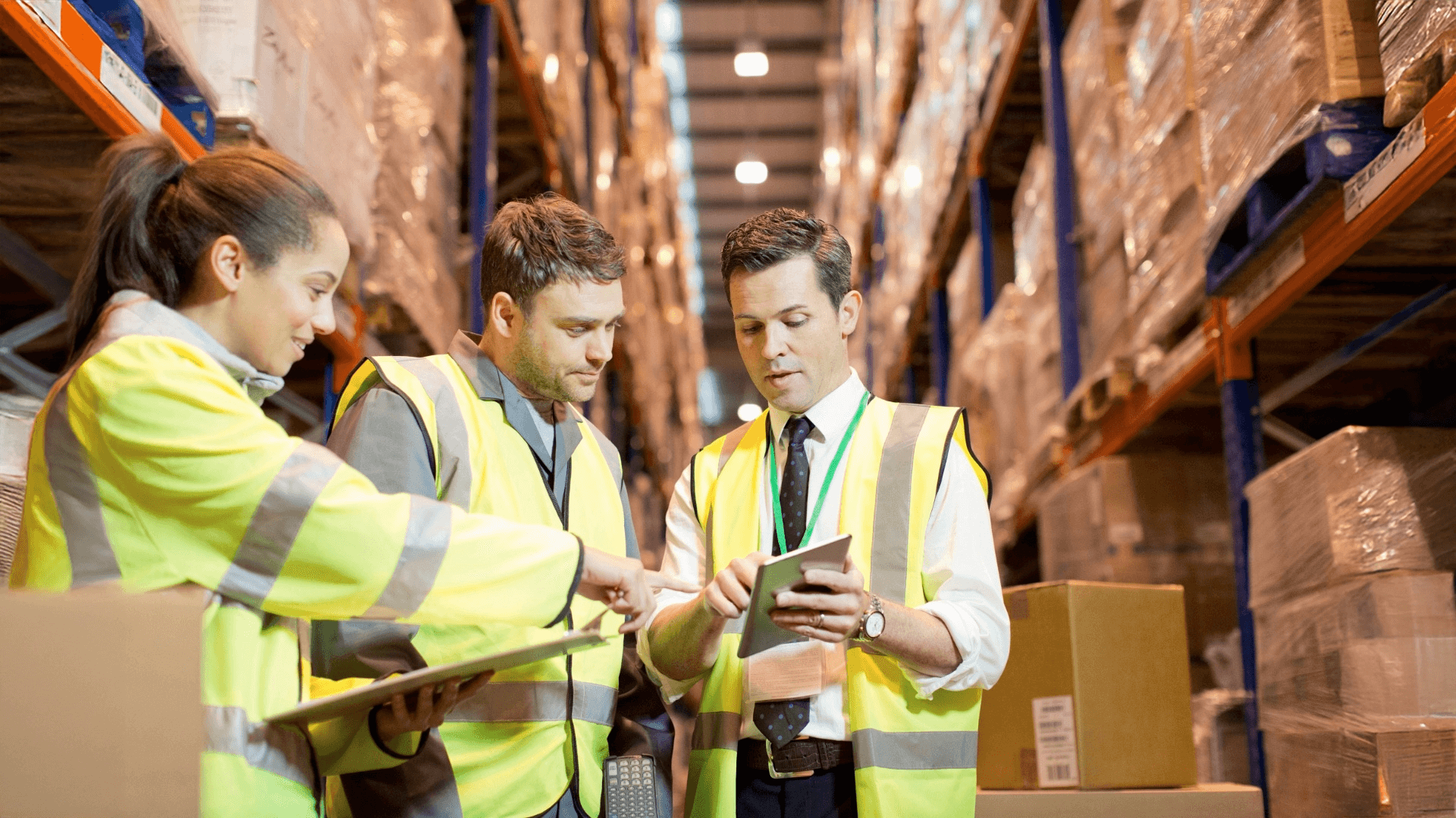 Drei Kollegen im Lager mit Tablet