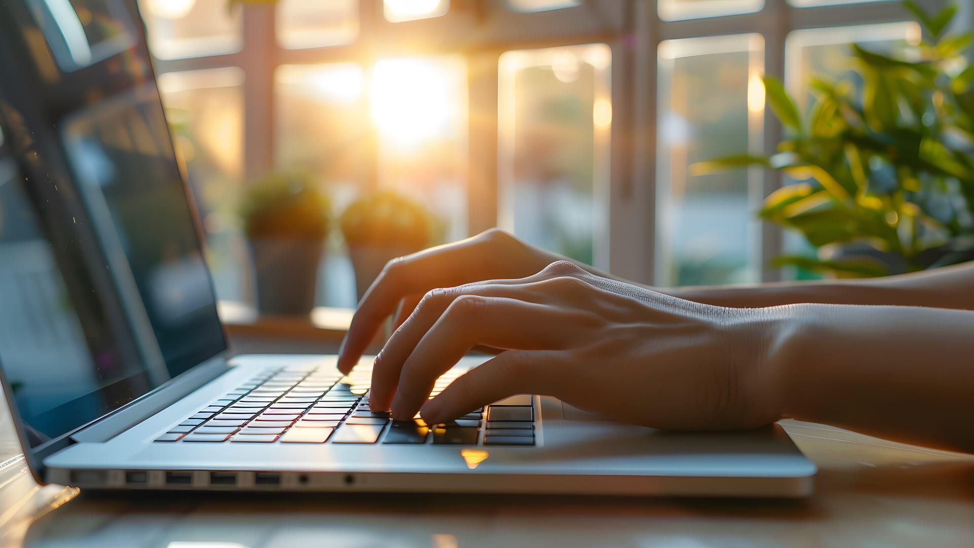 Hände tippen auf einer Laptop-Tastatur